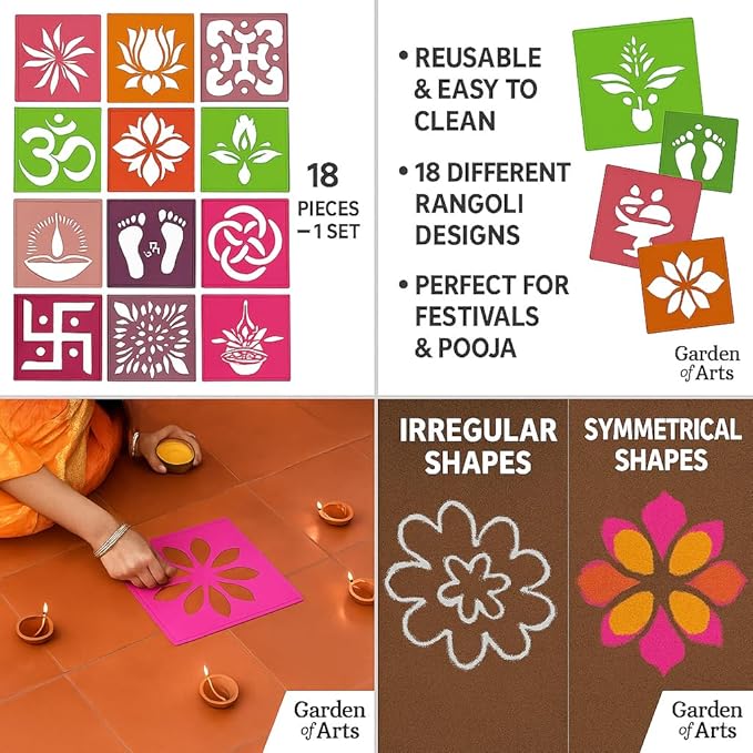 12 Different Design Draw Rangoli Making Kit Rangoli Stamp Om Swastik Flower Design Colourful Rangoli Making Stencils & 6 Border Stencils Total 18 Pieces