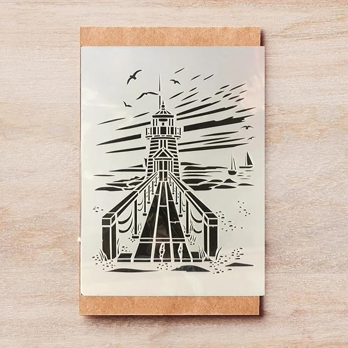 TIAMECH A4 Reusable Coast Lighthouse Stencil for Painting - Beach Seaside Boardwalk Layering Template, DIY Wall Art, Wood Furniture, Scrapbook & Crafts (8.3x11.7inch)