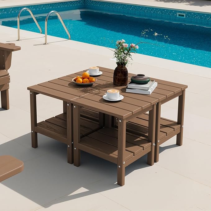SERWALL 2-Tier HDPE Outdoor Side Tables Set of 4, Weatherproof Rectangular Adirondack Side Table, Brown