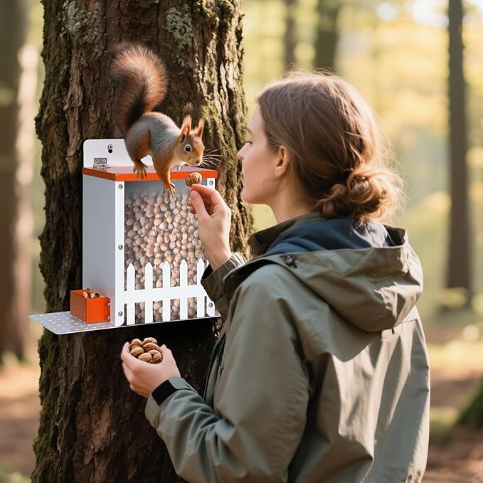 Metal Squirrel Feeders for Outdoors Squirrel Picnic Table Bench Feeders for Hanging Outside Tree Funny House Box Corn Peanuts Nuts Bar for Mini Chipmunk (Orange)