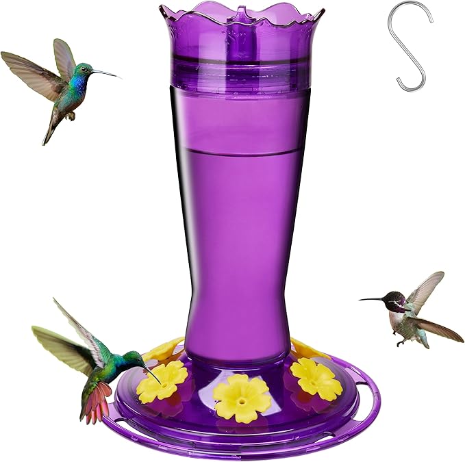 Kingsyard Glass Hummingbird Feeder for Outdoors Hanging - 6 Bee Guard Feeding Ports & Built-in Ant Moat, Wild Bird Feeder for Outside Garden Yard Patio 14 Oz, Purple