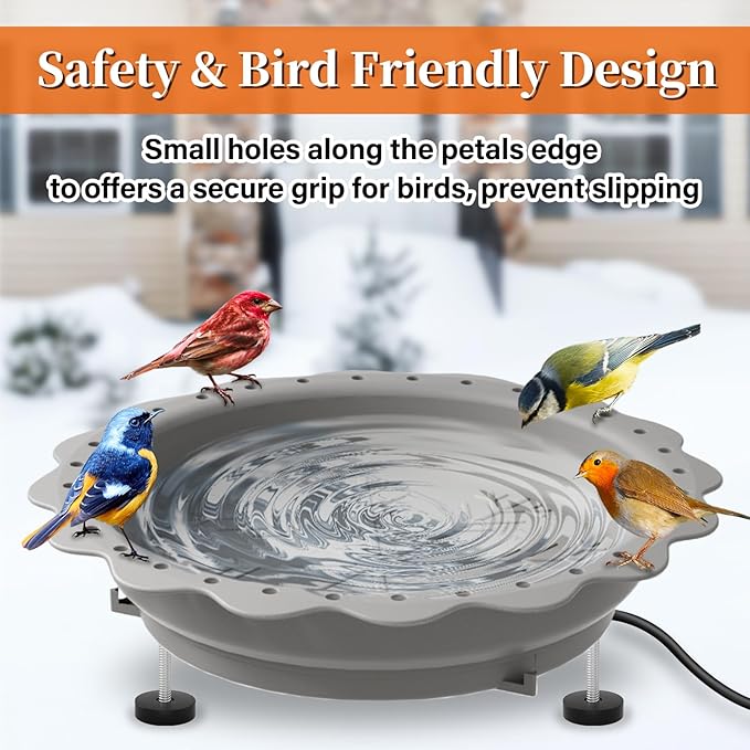 Heated Bird Bath for Outside Winter, Powerful 100W Thermostat Control Heated Bird Baths for Outdoors with 3 Metal Extension Screws, Heated Birdbath Water Heater for Garden Yard Patio Lawn(Grey)