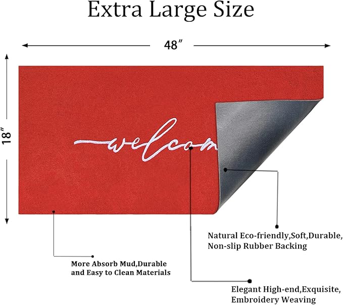 AAZZKANG Red Door Mat Large 18"x48" with Non Slip Rubber Backing Outside Inside Welcome Mats for Front Door Easy to Clean Mats for Patio,High Traffic Areas