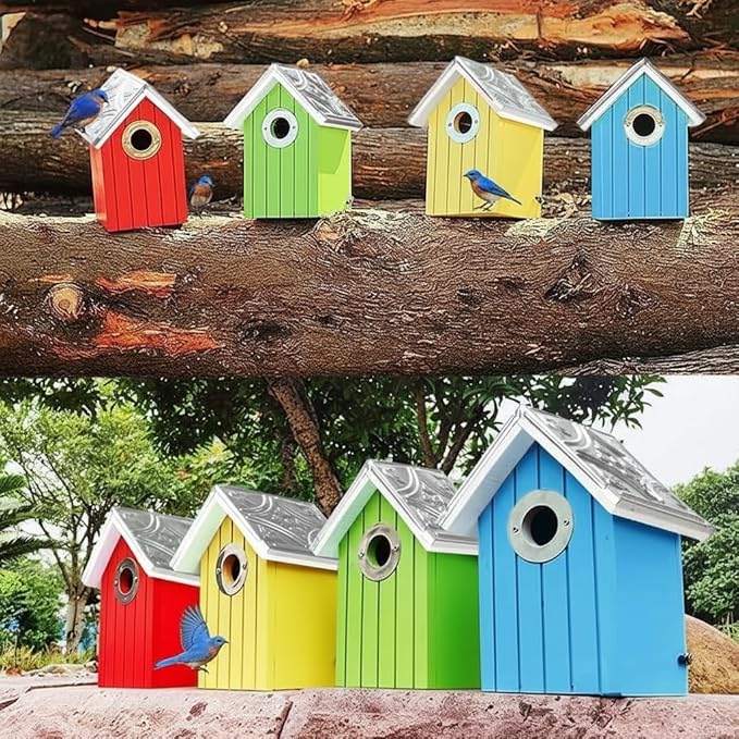 2PK Cedar Bluebird House, Wooden Bird House for Outside, 1.5" Entrance Hole Size, Stainless Steel Entrance Hole Protector, Silver Metal Roof, Colorful Garden Decorative, Pole Mountable (Yellow+Red)