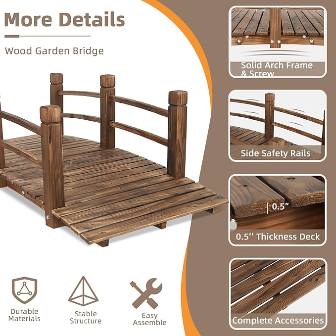 Wooden Garden Bridge Classic Wood Arch Stained Finish Footbridge with Safety Railings, 530 lbs Capacity, Decorative Pond Bridge Landscaping for Outdoor Garden Backyard Creek Farm, Carbonized