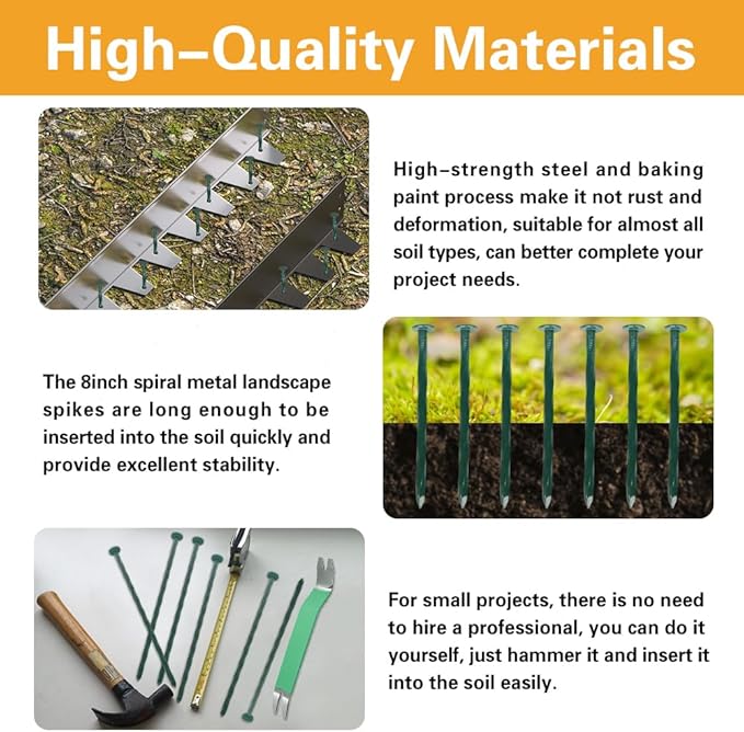 Bakulyor 50 Pack Metal Landscape Stakes, 8 Inch Artificial Grass Nails, 6 Gauge Large Landscaping Staples, Green Edging Anchor Stake for Garden Ground Lawn Paver Timber Border Weed Barrier Spikes 8"