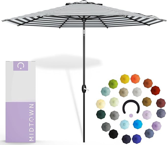 Midtown Umbrellas The Lean 8 Feet Outdoor Umbrella With Terylast Matter Stripes (Grey/White Stripes) Polyester Fabric - Auto-Tilt Aluminum Frame Patio Umbrella For Deck, Garden, Pool - Black Pole