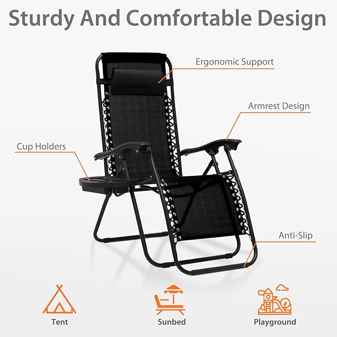 Zero Gravity Chairs, Portable Folding Reclining Lounge Chairs with Adjustable Pillow and Cup Holder Trays for Outdoor, Patio, Beach, Camping, Garden, Poolside, Set of 2 Black