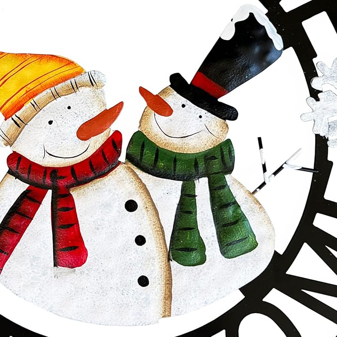 Welcome to Our Home Rustic Metal Snowmen Hanging Welcome Signs Wall Decor Front Door Wreaths Garden Fence Patio Porch Yard Winter Christmas Holiday Indoor Outdoor Decorations 13''H