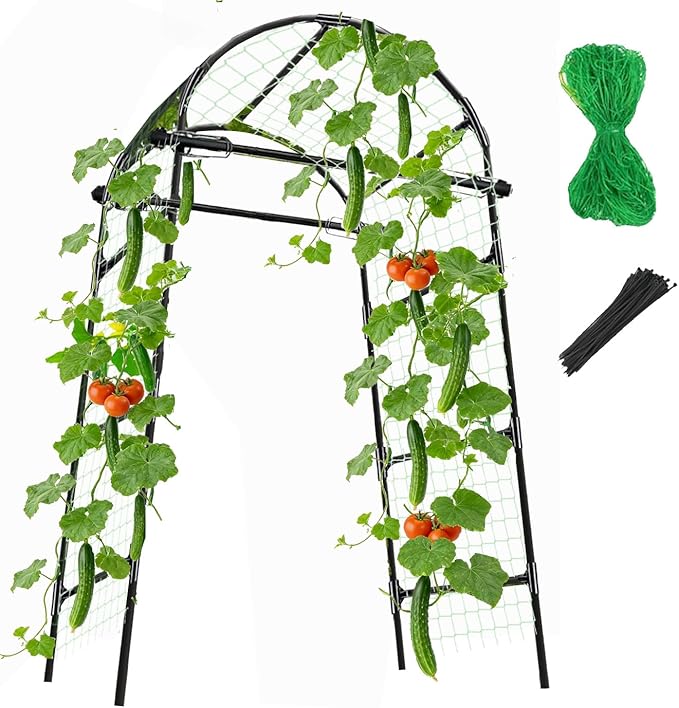 Garden Arch Trellis for Climbing Plants Outdoor - (Black, 81x36x32in) Cucumber Trellis for Raised Bed with Net, Garden Trellis for Climbing Plants, Cucumber, Vegetable, Tomato, Flowers 20mm Thick