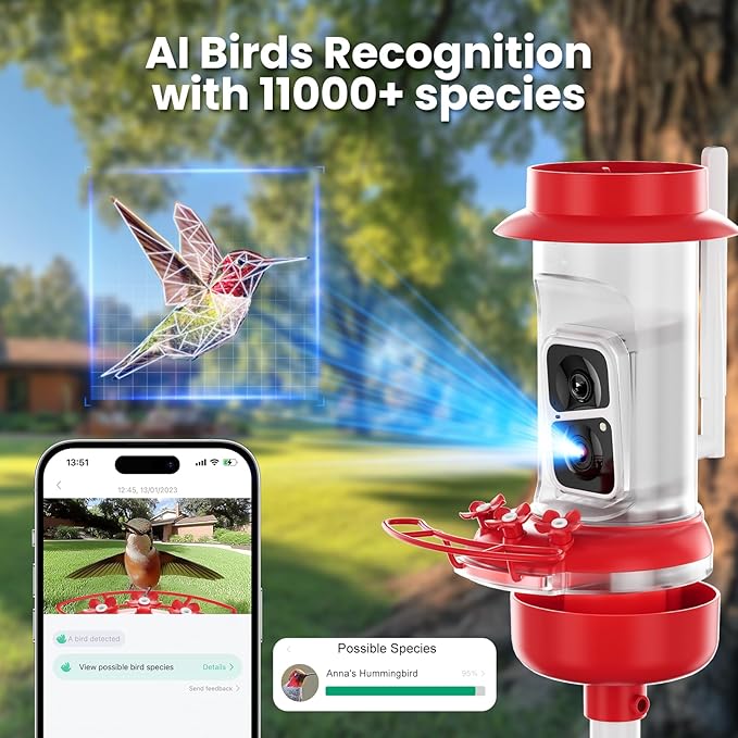 Soliom Hummingbird Feeder with Camera, Smart Feeder Camera Solar Powered with 2K Live View AI Identify, Leak Proof & Ant Moat & Bee Proof, Outdoor Pole/Hook Hanging, 16 OZ Ideal Gifts for Family-Red