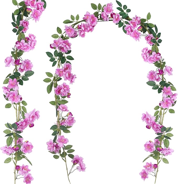 2 Pcs Artificial Flowers Garland for Outdoors Pink Faux Gardenia Garland 12Ft Silk Rose Hanging Vines Floral for Wedding Arch Party Wall Garden Ceremony Backdrop Fence Spring Decor