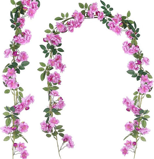 2 Pcs Artificial Flowers Garland for Outdoors Pink Faux Gardenia Garland 12Ft Silk Rose Hanging Vines Floral for Wedding Arch Party Wall Garden Ceremony Backdrop Fence Spring Decor