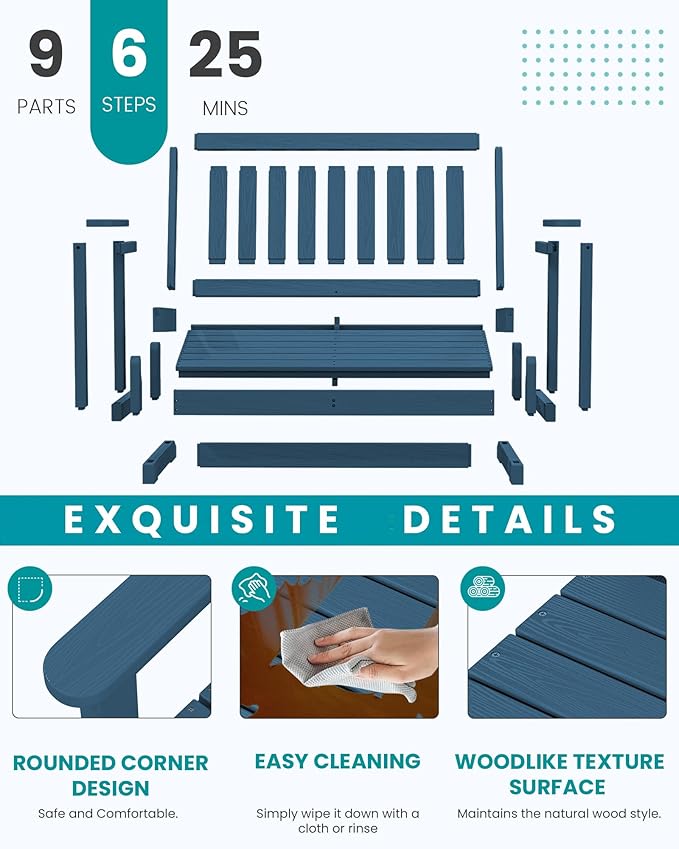 SERWALL Outdoor Glider Bench Set of 2, HDPE Weather-Resistant Swinging Bench for Backyard Garden Porch, Deep Navy