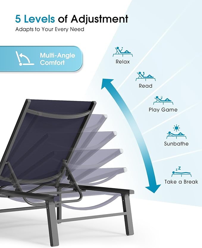 Ciokea Foldable Outdoor Lounge Chair, No Assembly Patio Chaise Lounge Outdoor with 5-Positions, Aluminum Pool Lounge Chair with Portable Design for Pool, Beach, Deck, Backyard, Navy Blue