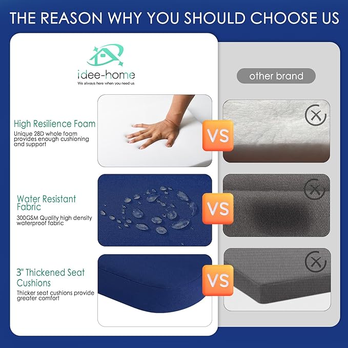 idee-home Outdoor Chair Cushions Set of 2, 17" x 17" x 3" Thick D-Shaped Patio Furniture Outdoor Seat Cushions Waterproof with Ties, Dining Pads