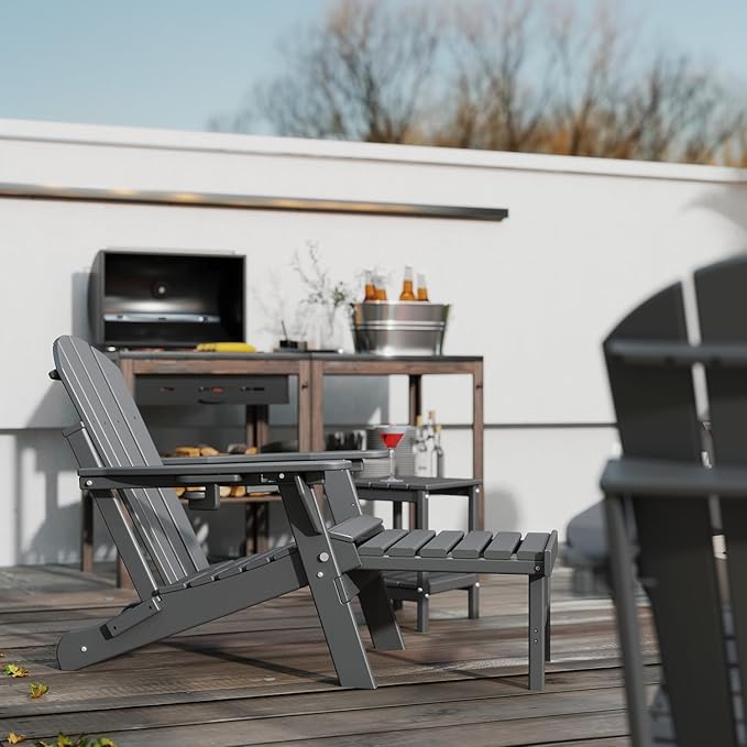 GREENVINES Adjustable Adirondack Chair with Retractable Ottoman | Folding | HDPE Plastic | Fire Pit Chairs w/Foot Rest | 2 Cup Holders | Grey | for Outdoor Patio Poolside Deck