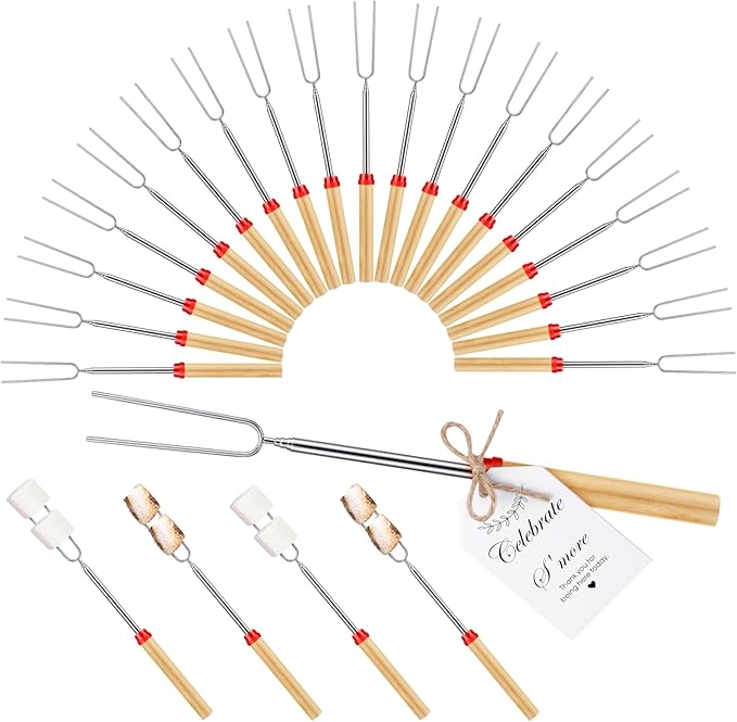 24 Sets S'mores Sticks Kit Extendable Roasting Cotton Candy Sticks for Fire Pit Camp Bachelorette Decorations One Happy Camper Birthday Party Favor for Wedding Camping Campfire Bonfire Supplies