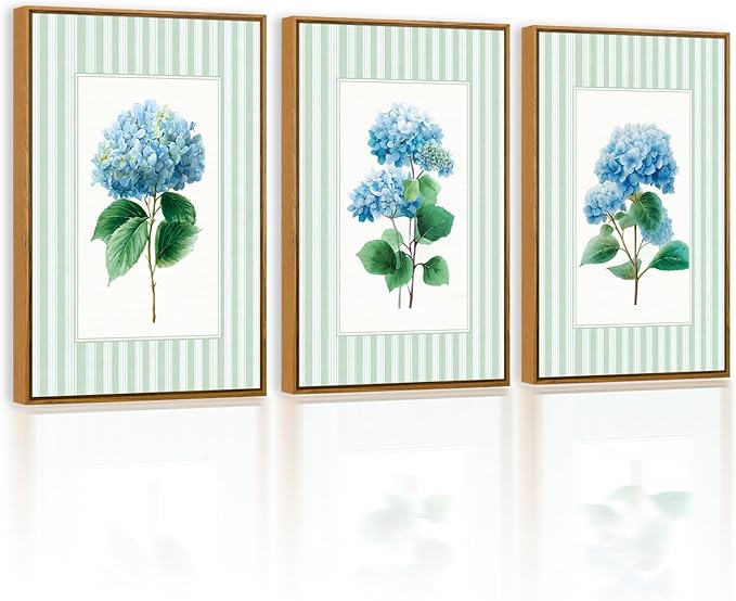 QTUSYUR Striped Blue Hydrangea Wall Art - Large Farmed Minimalist Art Print - Farmhouse Floral Canvas Artwork for Bedroom Living Room- Modern Elegant Flower Wall Pictures for Home Decor 16”×24”×3