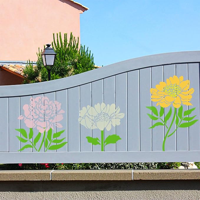6 PCS Large Flower Stencils, Sunflower Peony Reusable Plastic Paint Templates for Painting on Wood, Floral Plant Stencils Set for Garden Fence Wall Mural Wood Furniture Fabrics Art DIY Craft Decor