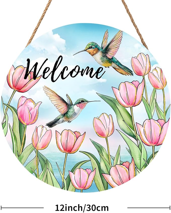 Welcome Spring Summer Pink Tulip Flowers Door Sign For Front Door Decor,Hummingbird Birds Wooden Sign 12"x 12" Round Seasonal Hanging Door Sign Decoration for Rustic Decor