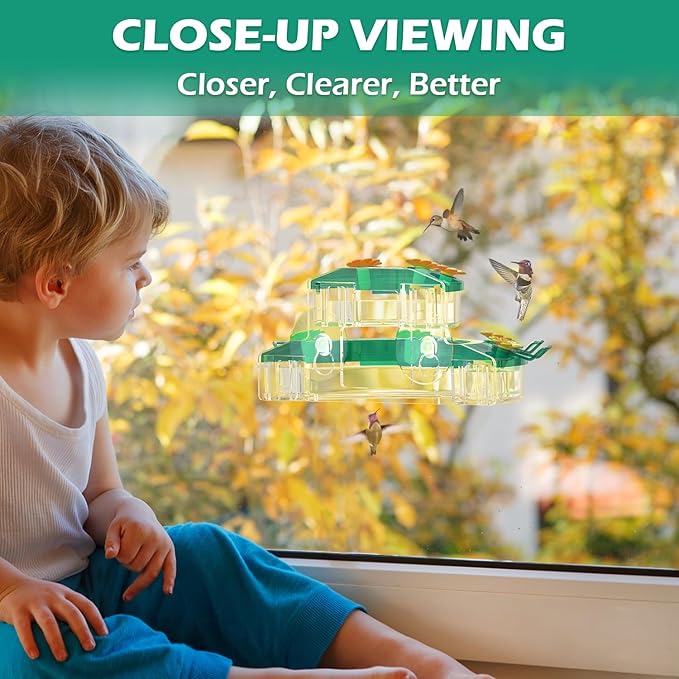 Birdream Window Hummingbird Feeders for Outdoors, with Strong Suction Cups & 7 Feeding Ports, Easy to Use and Maintain, Gift for Bird Lover, Plastic Bird Feeder, 2 Pack, 10oz Per Pack - Green