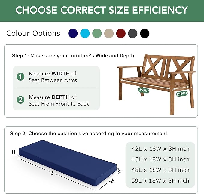 Outdoor Bench Cushion: Waterproof and Fade Resistant Patio Furniture Cushions - Non-Slip Bench Pad Cushion with Removable Cover for Garden Swing Porch Sofa Settee, 42 x 18 Inch, Navy Blue