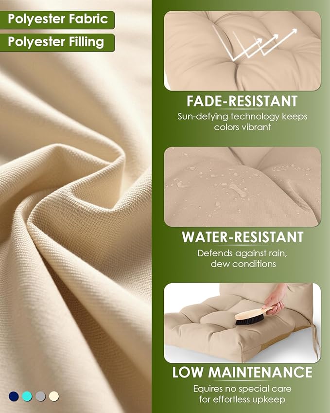 GREENVINES Adirondack-Chair-Cushions-Set-of-2 | Polyester | Waterproof | Outdoor High Back Rocking Chairs Cushion | Seat with Ties | Non-Slip | Thickened Pad for Patio | 44.5" x 17.3" x 4.1" | Beige