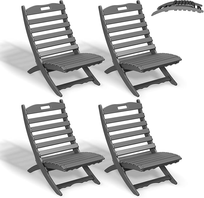 GREENVINES Folding-Xavier-Chairs Set of 4 | Wave | Portable Adirondack-Chair | HDPE Plastic | All Weather Fire-Pit Chair | Gray | for Beach Outdoor Deck Poolside Garden Patio Porch Fishing