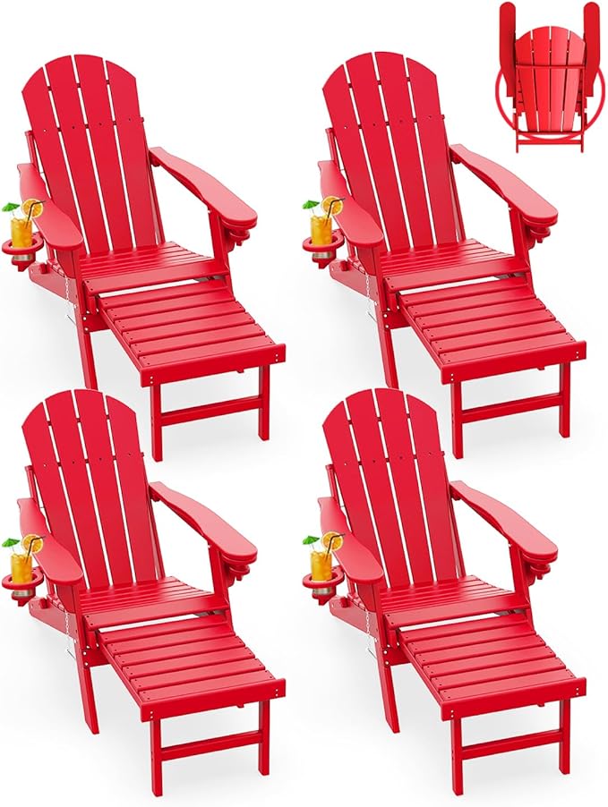 GREENVINES Adirondack-Chairs-with-Ottoman | Set of 4 | Folding | Retractable-Footrest | HDPE Plastic | All Weather Fire Pit Chair | Cup Holders | Red | for Outdoor Poolside