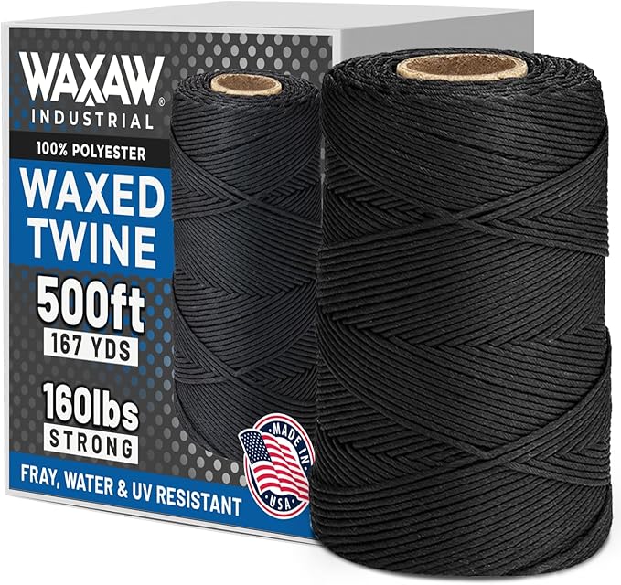 9-Ply Black Waxed Lacing Cord Twine with Dispenser Box 160 Lbs Tensile Strength (1-Roll) 500 Feet Spool 100% Polyester Cable Tie Down USA Made