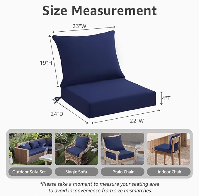 Outdoor Seat Cushion Set 22 x 24 x 4 Inch, Waterproof & Fade Resistant Patio Furniture Cushions with Removable Cover and Ties, Thick Deep Seating Pads for Outside Chair Sofa Couch, Dark Blue