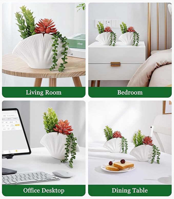 Lewondr Fake Plants, 2 PCS Artificial Plants with Sea Shell Pots, Assorted Fake Succulents in Coastal Beach Decor, Artificial Greenery Ocean Seashell Series for Home Office Bedroom Beach Theme Party