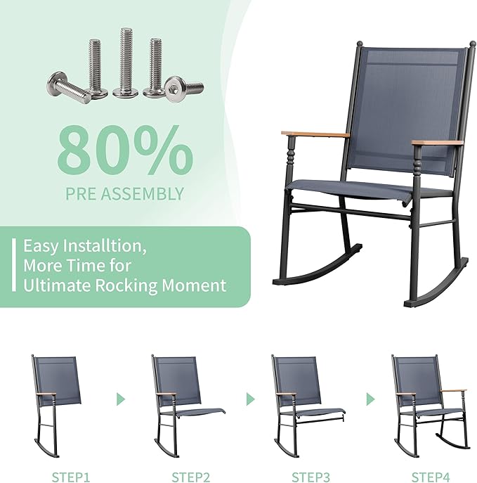 JY QAQA Outdoor Rocking Chair Set of 2, High Back All-Weather Patio Rocking Chairs with Breathable Back Rest, Ergonomic Design Porch Chairs for Porch, Garden, Balcony, Pool, Deep Gray