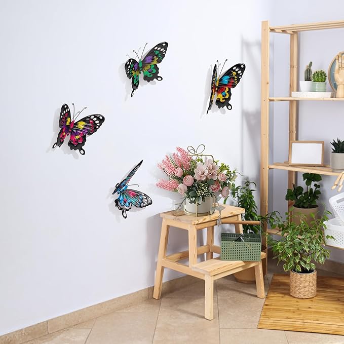 ULENDIS 4 Pack Metal Butterfly Wall Art Outdoor Decor, 9.8in Colorful Fence Wall Art Decor, Wall Sculpture Hanging Decoration for Garden Yard Living Room Bedroom Patio Balcony(D)