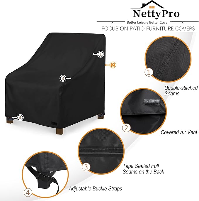 NettyPro Patio Adirondack Chair Covers Waterproof Outdoor Furniture Swivel Recliner Rocking Lounge Deep Seat Chair Cover, Fits up to 34"W x 37"D x 36"H, 2 Pack, Black