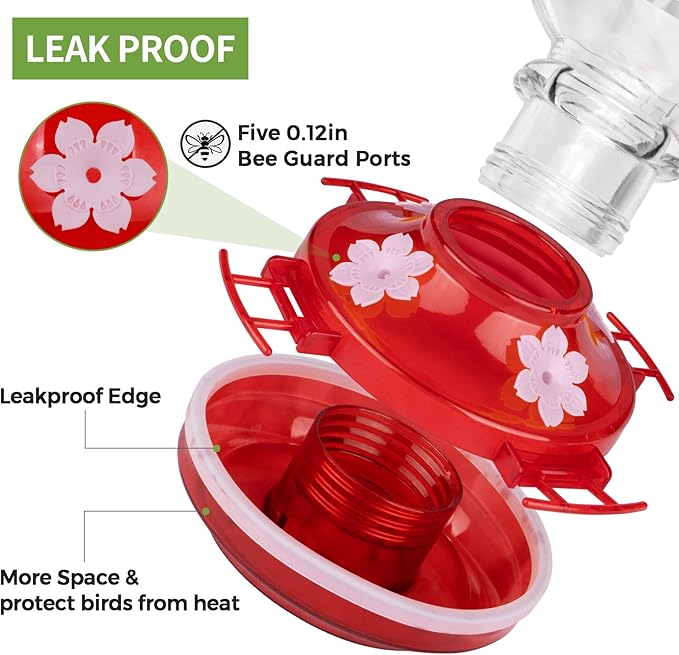 Hummingbird Feeder, BOLITE Glass Hummingbird Feeders for Outdoors Hanging, with Ant Moat and 4 Bee Guard Feeding Ports, 22oz, Leak Proof, Clear & Red, Birthday Gifts for Women Men, Gifts for Mom Dad