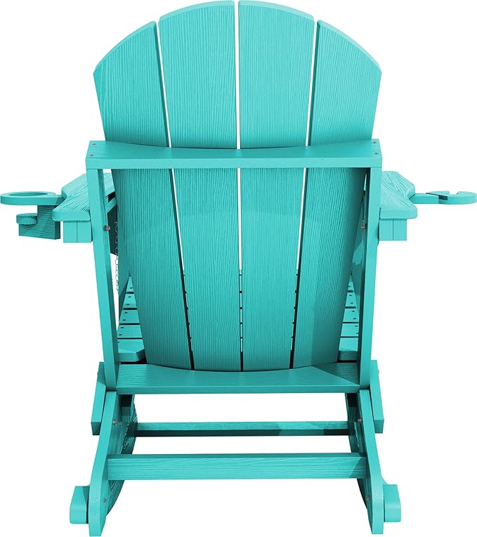 KINGYES Adirondack Rocking Chair Set of 2 with Retractable Ottoman and Cup Holders, HDPE Adirondack Rocker Patio Rocking Chair for Porch, Patio, Balcony, Aqua Blue