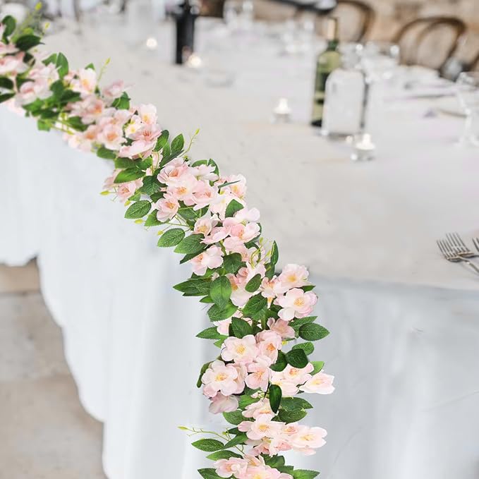 CISDUEO Artificial Cherry Blossom Flower Vine Hanging Champagne Cherry Blossom Flower Silk Garland Hanging Vines Faux Flowers for Outdoors Spring Wedding Party Home Table Centerpiece Arrangement Decor