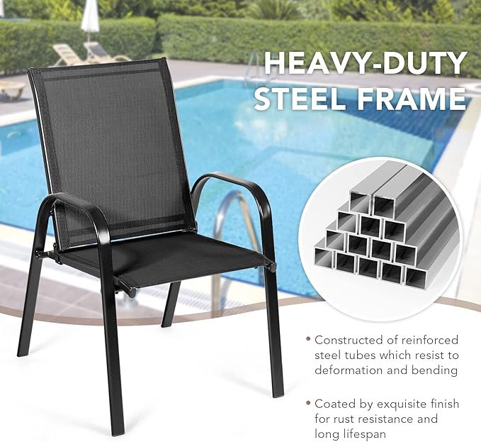 Tangkula 2 Piece Patio Dining Chairs, Outdoor Bistro Chairs W/Curved Armrests, Easy-to-Dry Fabric, Reinforced Steel Frame, Wide & Comfortable Camping Chairs for Garden, Poolside, Backyard (1, Black)