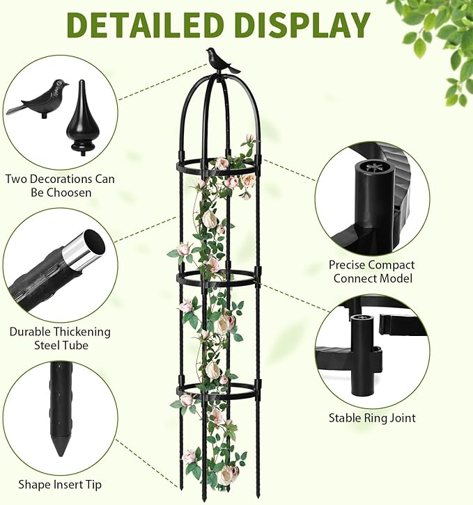 Garden Obelisk Trellis for Climbing Plants Outdoor, 2Pcs 6.2FT Rustproof Metal Plant Flower Trellises,Garden Obelisk Trellis for Indoor Outdoor Flowers Vegetable Fruits Vines Support (Black)