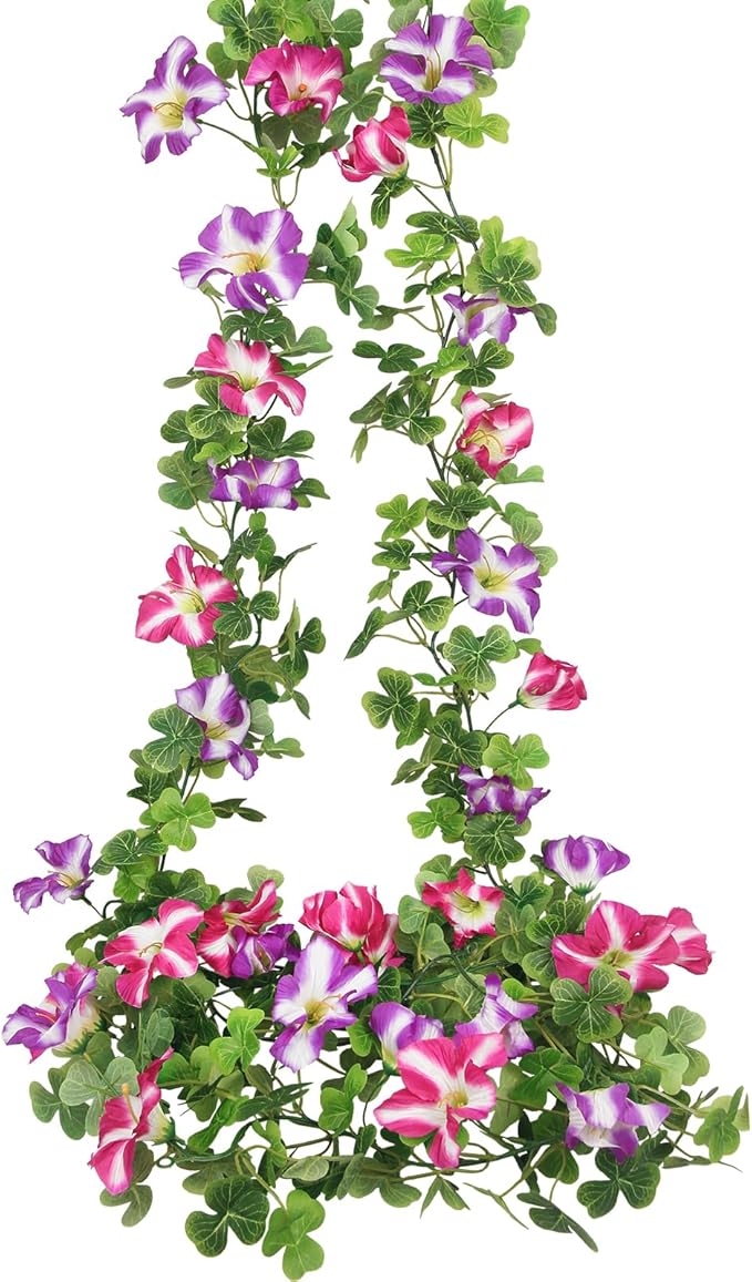 2 Pcs Artificial Flowers Vines Outdoors Silk Petunias Garland Purple Fuchsia Spring Flowers Garland for Mantle 11 FT Fake Morning Glory Hanging Vines for Mailbox Fence Wedding Banquet Decor