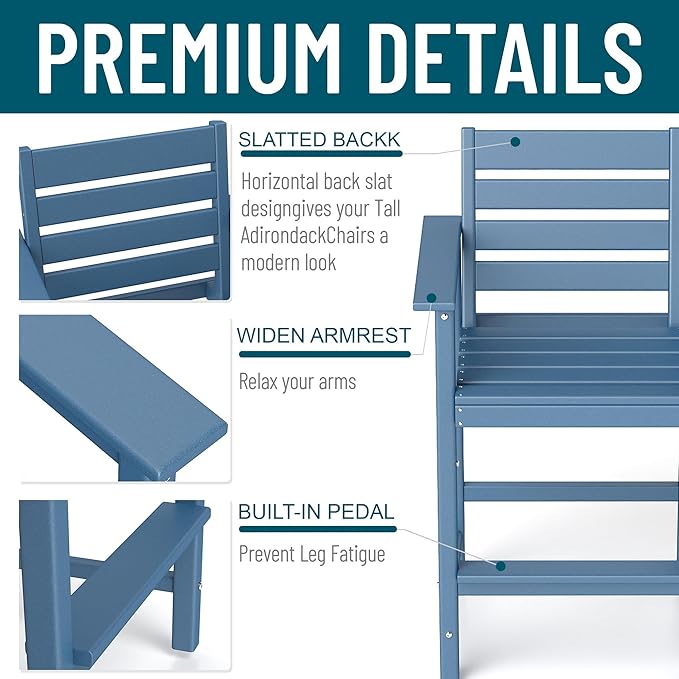 Tall Adirondack Chairs Set of 2, HDPE Balcony Chair, All Weather Adirondack Bar Height Chairs Set of 2 with Two Detachable Tray, Outdoor Bar Stools Set for Bistro, Poolside, Patio, Blue