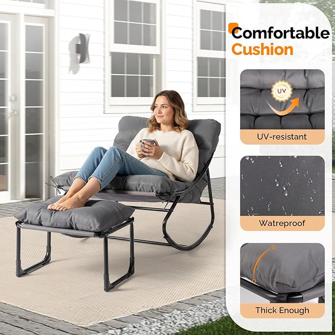 VINGLI Outdoor Rocking Chair with Ottoman, Comfortable Cushioned Lounge Chair for Indoor & Outdoor, Supports 400 LBS, Grey