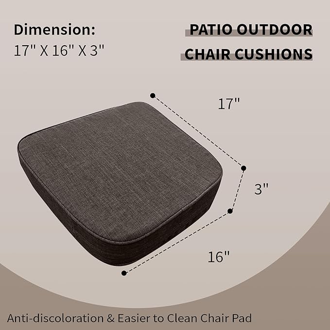 17"x 16"x 3" Patio Chair Cushions Set of 2, Waterproof Outdoor Chair Cushions, Patio Seat Cushion with Adjustable Ties, Darkgrey