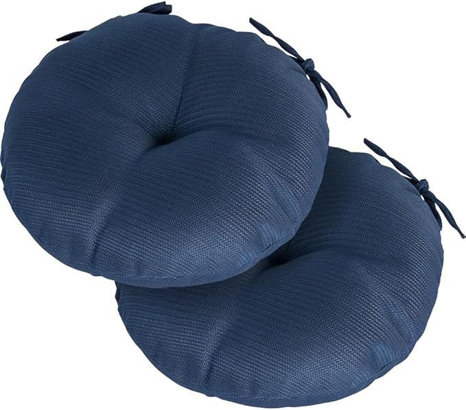 Magpie Fabrics Outdoor 15"x15"x4" Round Bistro Seat Cushions with Ties Set of 2, Tufted Waterproof Patio Floor Chair Pads for Home Garden Balcony Kitchen Office Porch, Navy