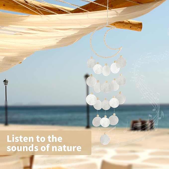 Capiz Wind Chimes for Outside, Outdoor Seashell Hanging Beach Coast Ocean Home Decorative, Translucent White Shell with Wood Beads Waterfall Windchimes for Summer Patio, Window, Porch, Memorial Gift