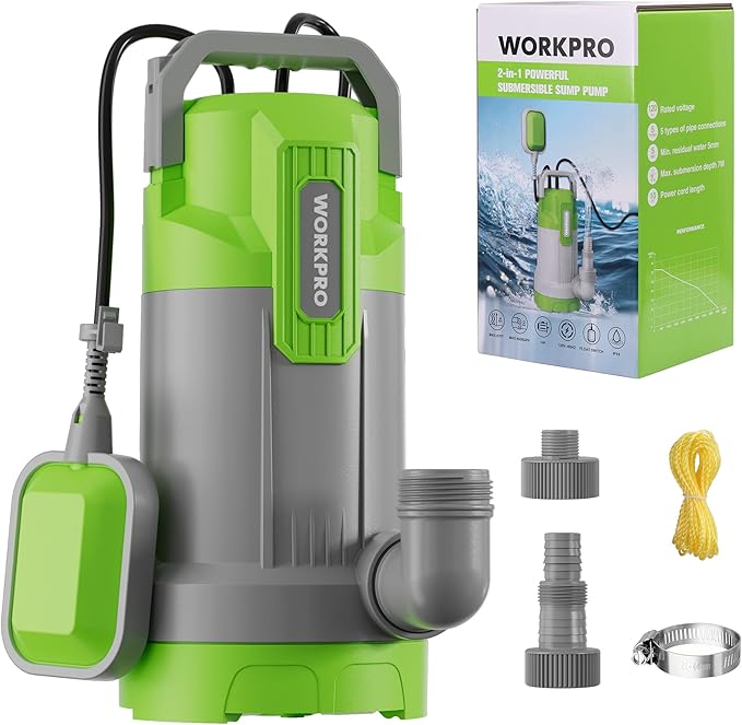WORKPRO Submersible Water Pump, 1HP 4500 GPH Sump Pump with Automatic Float Switch for Transferring Clean or Dirty Water, A Water Pump for Pool Draining, Flooded Basement, Pond, and Garden Irrigation