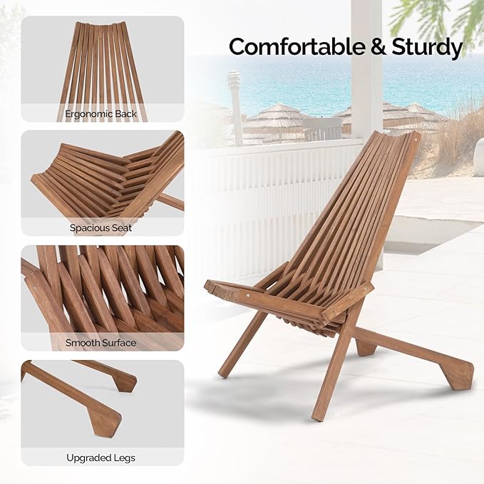 VINGLI FSC Acacia Wood Folding Outdoor Chairs Set of 4,Weather-Resistant Wooden Folding Chairs Patio Chair Furniture Comfy Adirondack Chairs Lounge Chair for Deck Fire Pit Porch Camping,Up to 350LBS