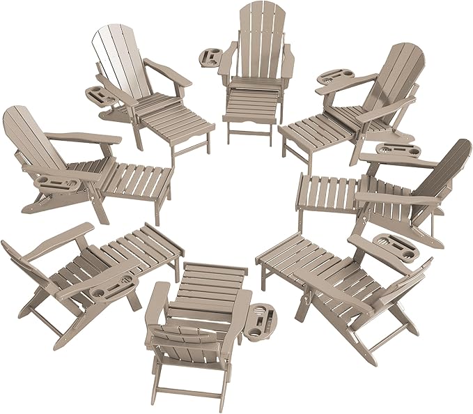 Adjustable Adirondack Chair with Retractable Ottoman Set of 8, HDPE Folding Adirondack Chair with Cup Holder, All Weather Fire Pit Chair for Outdoor.